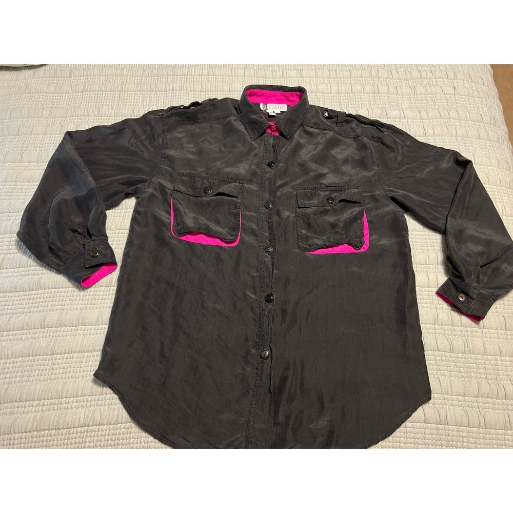 VTG SK & Company 100% Silk Black And Hot Pink Button Down Shirt 80s Retro Size M
